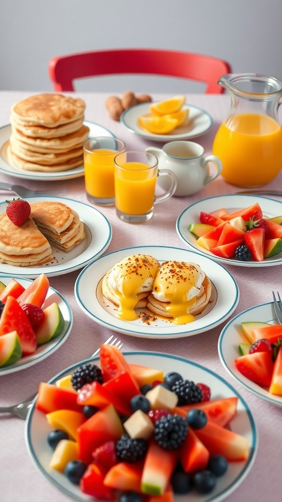 A brunch spread featuring pancakes, eggs benedict, and fruit salad on a cheerful table.